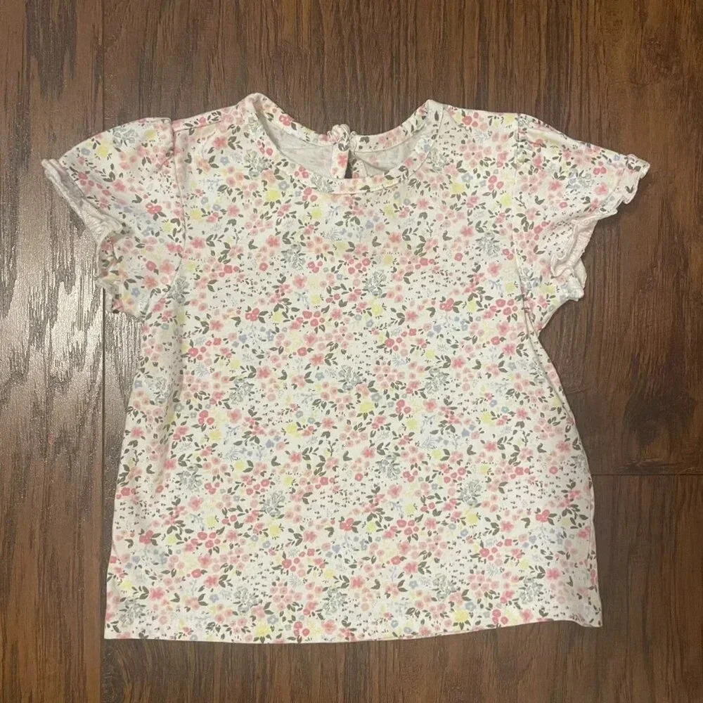 BCBGirls White Floral Short Sleeve Tee with Pink & Green Accents